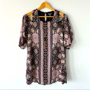 Lily Rose Bohemian Floral Chiffon Cold Shoulder Mid Shift Dress